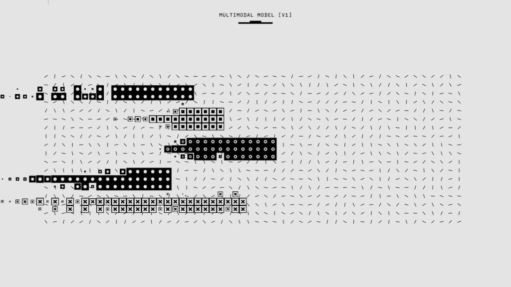 Abstract black and white graphic featuring a multimodal model pattern with various shapes.